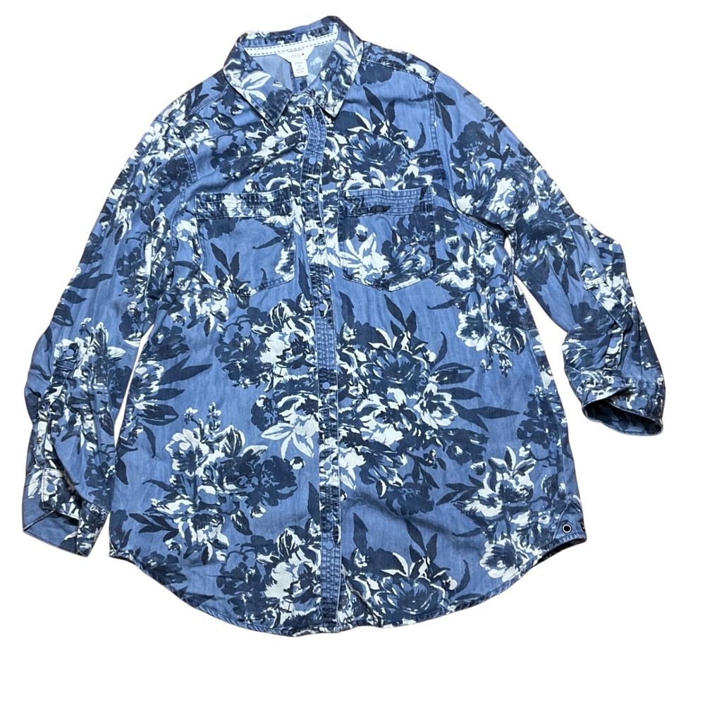Intro Womens 1X Floral Button Down Shirt Blue Denim Look Roll Tab Sleeve Top